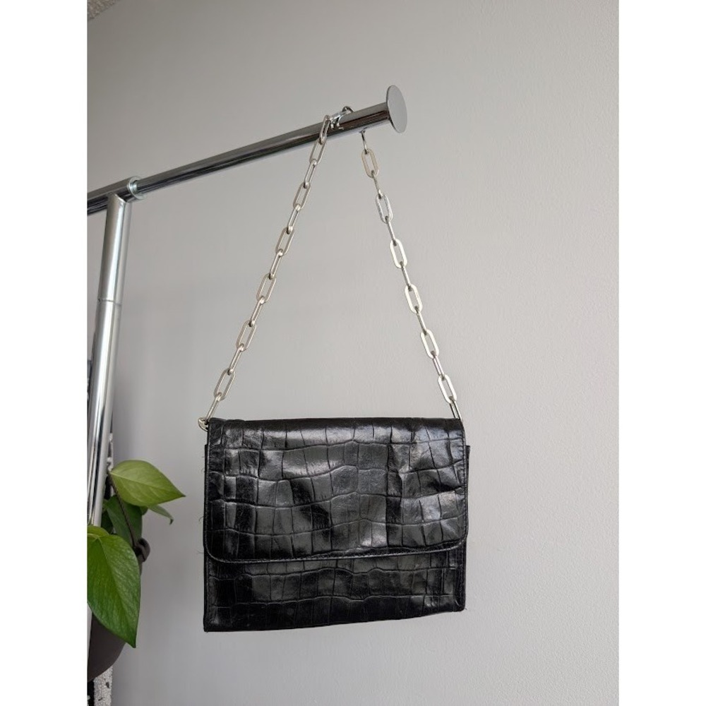 The Limited Black leather shoulder bag with silver chain strap croc emboss